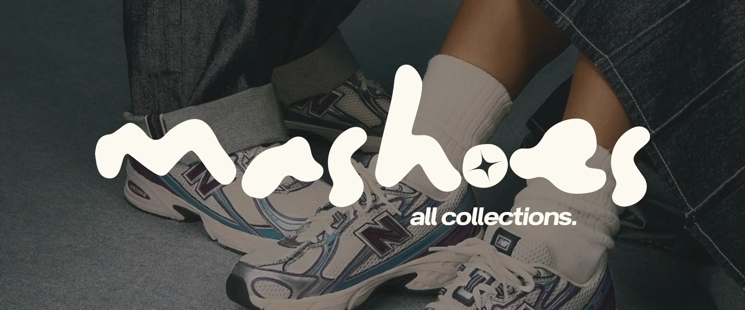 Logo de MaShoes, all collections, sobre una foto de dos personas con zapatillas